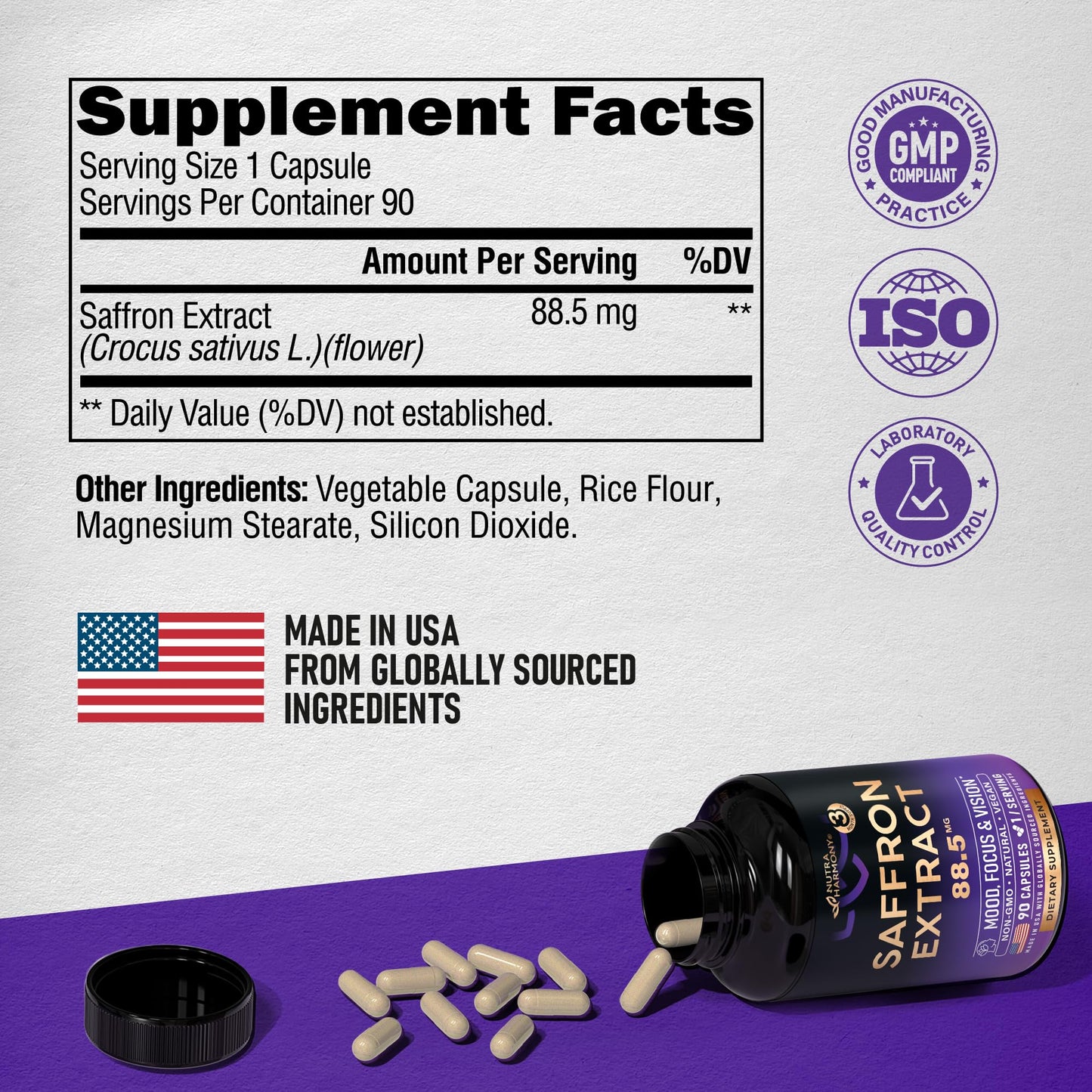 Natural Saffron Supplements - Pure Saffron Extract 88.5 mg - Made in USA - Mood | Focus | Vision | Energy Support - Eye Health for Women & Men - NonGMO Vegan Pills - 90 Powder Capsules, 3 Month Supply NUTRAHARMONYBuy Supplements Australia