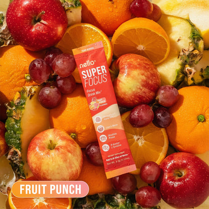 Nello Superfocus Focus Drink Mix – Fruit Punch Flavor – Alpha GPC, Lion’s Mane, Rhodiola & N-Acetyl L-Tyrosine – Sugar-Free, On-the-Go Packets – 20 Servings NelloBuy Supplements Australia