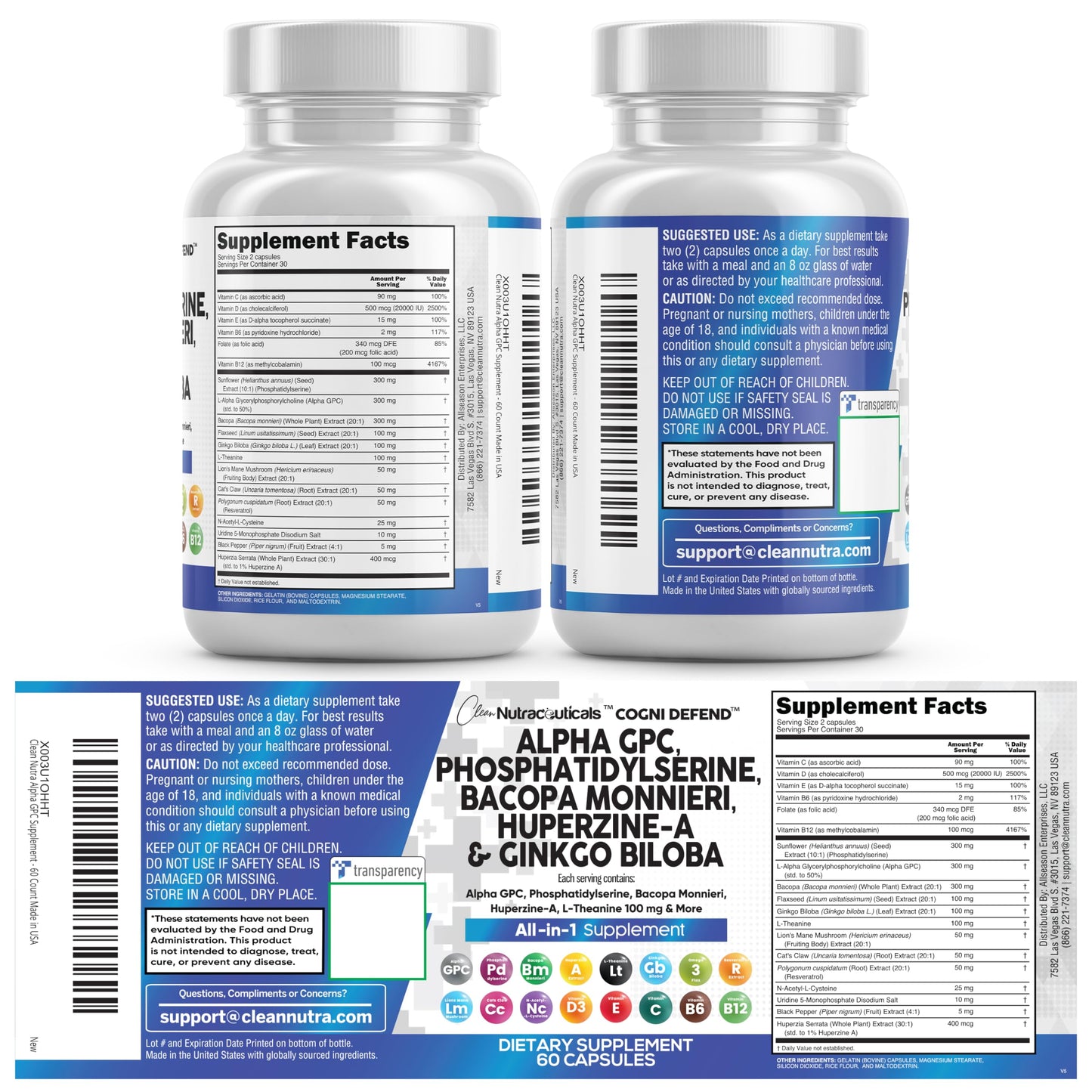 Brain Supplement Alpha GPC 300mg Phosphatidylserine Bacopa Monnieri Ginkgo Biloba Lions Mane Huperzine A L-Theanine NAC Nootropic Memory Focus Cognitive Support Vitamins B C D E 60 Capsules USA Clean NutraceuticalsBuy Supplements Australia