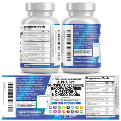 Brain Supplement Alpha GPC 300mg Phosphatidylserine Bacopa Monnieri Ginkgo Biloba Lions Mane Huperzine A L-Theanine NAC Nootropic Memory Focus Cognitive Support Vitamins B C D E 60 Capsules USA Clean NutraceuticalsBuy Supplements Australia