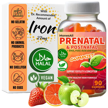 MonesAli Prenatal Gummies for Women Vitamins| & Postnatal | Vegan, Halal, Gelatin Free | with Folate, Iron & Biotin | MonesAli