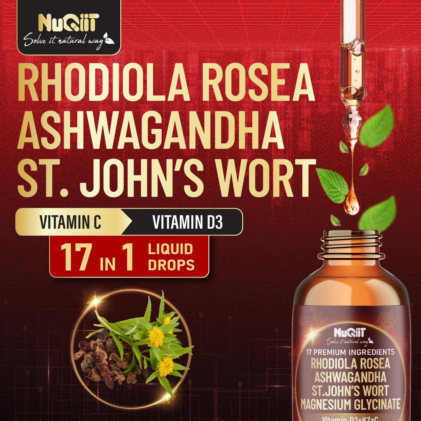 NUQIIT 17in1 Rhodiola Rosea Liquid Drops Tincture w/Ashwagandha Magnesium, L-Theanine. Ultra Rhodiola Cortisol Supplement, Rhodiola Root for Mood, Energy - 1 FL Oz - 60 Day Supply NUQIITBuy Supplements Australia