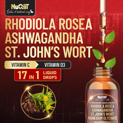 NUQIIT 17in1 Rhodiola Rosea Liquid Drops Tincture w/Ashwagandha Magnesium, L-Theanine. Ultra Rhodiola Cortisol Supplement, Rhodiola Root for Mood, Energy - 1 FL Oz - 60 Day Supply NUQIITBuy Supplements Australia