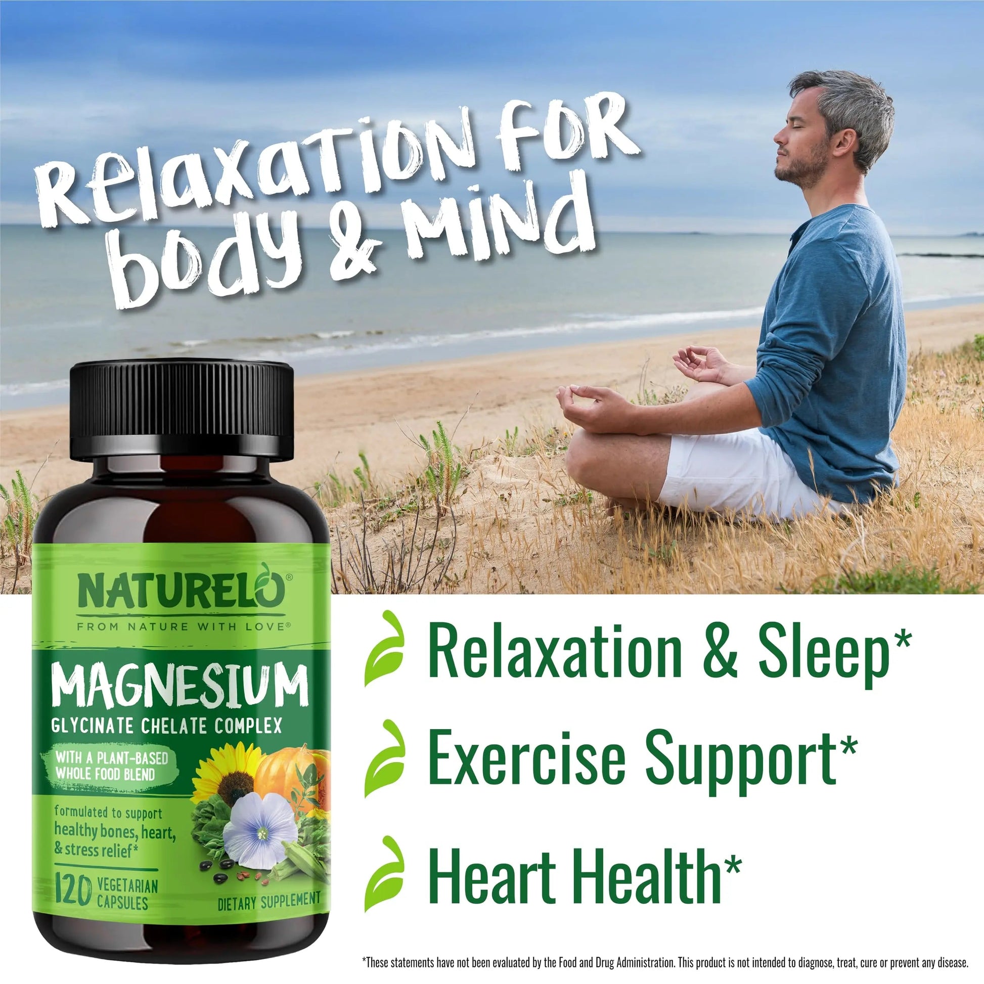 NATURELO One Daily Multivitamin for Men with Vitamins, Minerals & Organic Whole Foods - 60 Capsules and Magnesium Glycinate Chelate Complex NATURELO