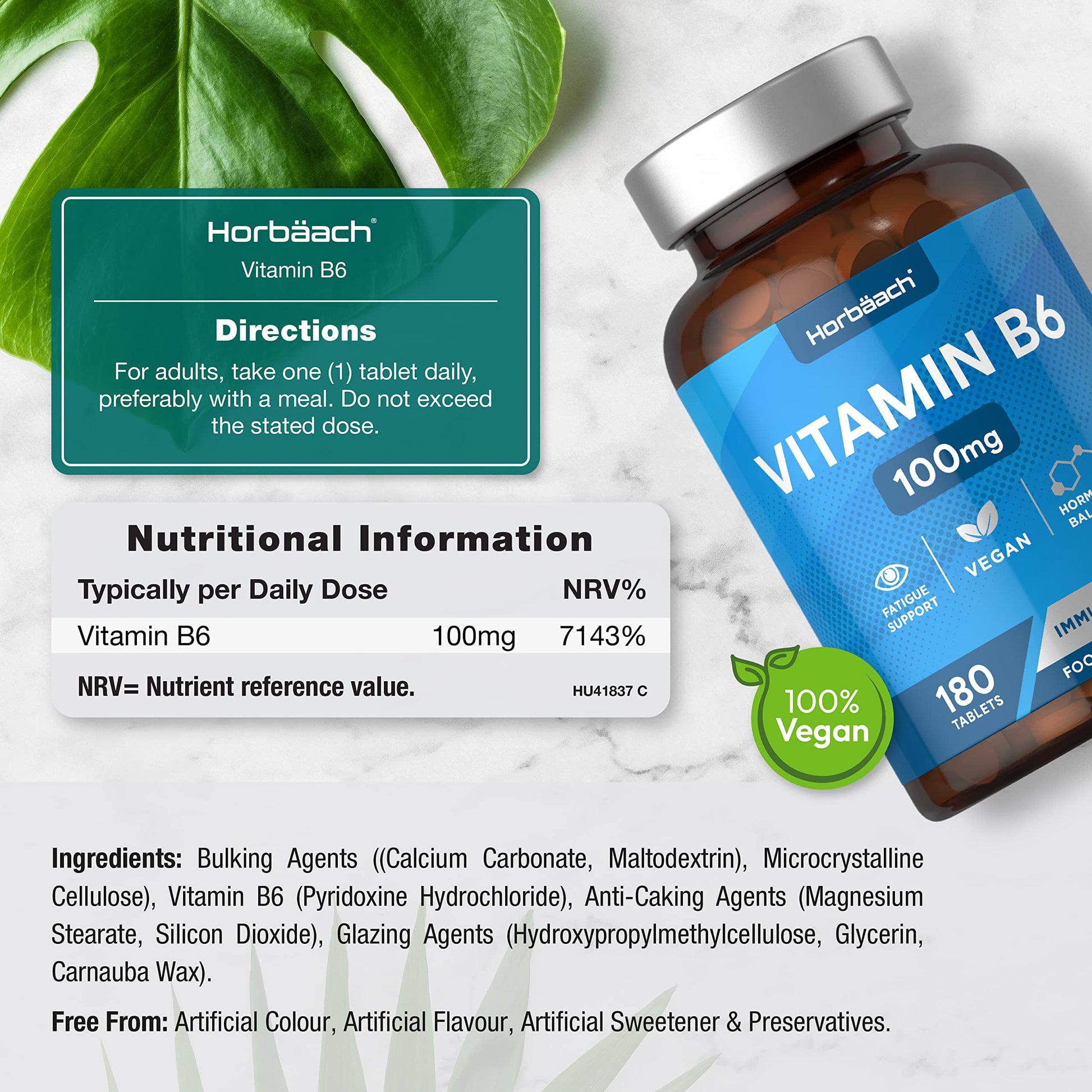 Vitamin B6 100mg | 180 High Strength Tablets | Regulation of Hormonal Activity & Fatigue HorbäachBuy Supplements Australia