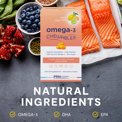 Omega 3 Gummy Chewables - 90 Gel Chews, 30-Day Supply, Citrus Flavor - 1760mg Ultra-Pure rTG Omega 3 for Eye, Heart, Brain, Joint & Immune Health PRN Physician Recommended NutriceuticalsBuy Supplements Australia