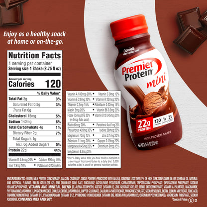 Premier Protein Shake MINIs, Chocolate, 22g Protein, 120 Calories, 1g Sugar, 8.75fl oz Premier ProteinBuy Supplements Australia