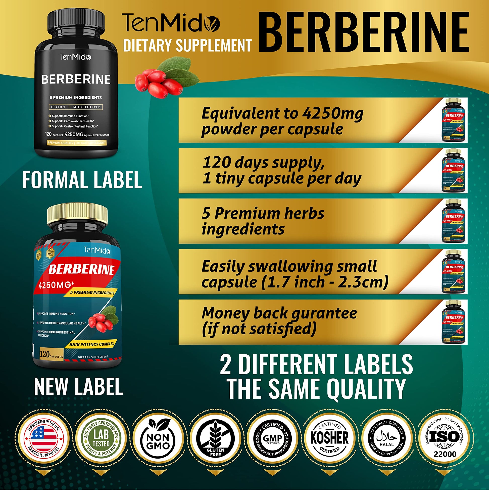 Berberine Extract Capsules 4250mg, 4 Months Supply & Ceylon, Milk Thistle, Turmeric TenmidoBuy Supplements Australia