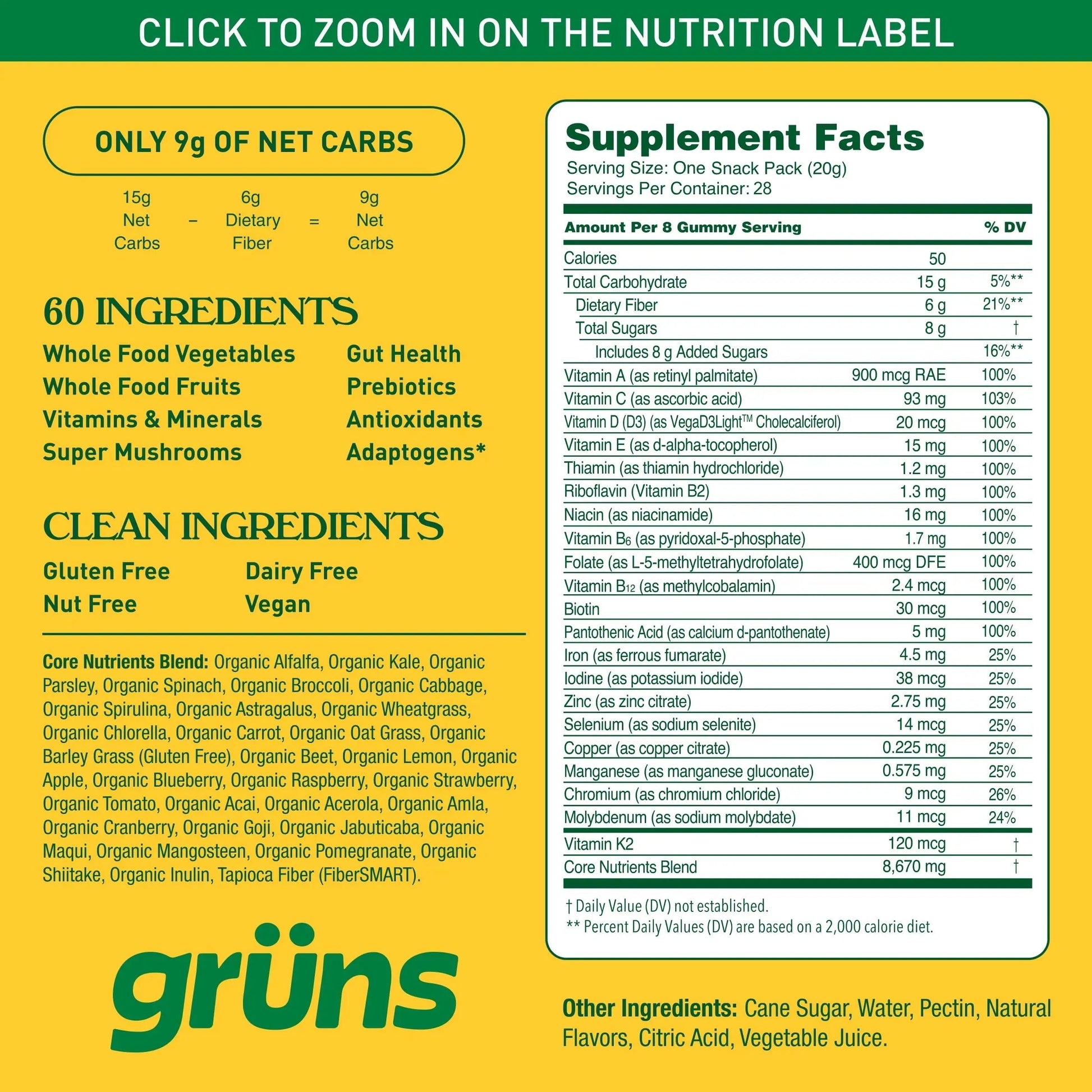 Gruns Adults Super Greens Multivitamin Gummies, Superfood Vitamin Gummy Bears with Spirulina, Chlorella, Prebiotic Fiber for Digestive Health GrünsBuy Supplements Australia