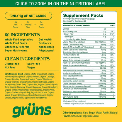 Gruns Adults Super Greens Multivitamin Gummies, Superfood Vitamin Gummy Bears with Spirulina, Chlorella, Prebiotic Fiber for Digestive Health GrünsBuy Supplements Australia