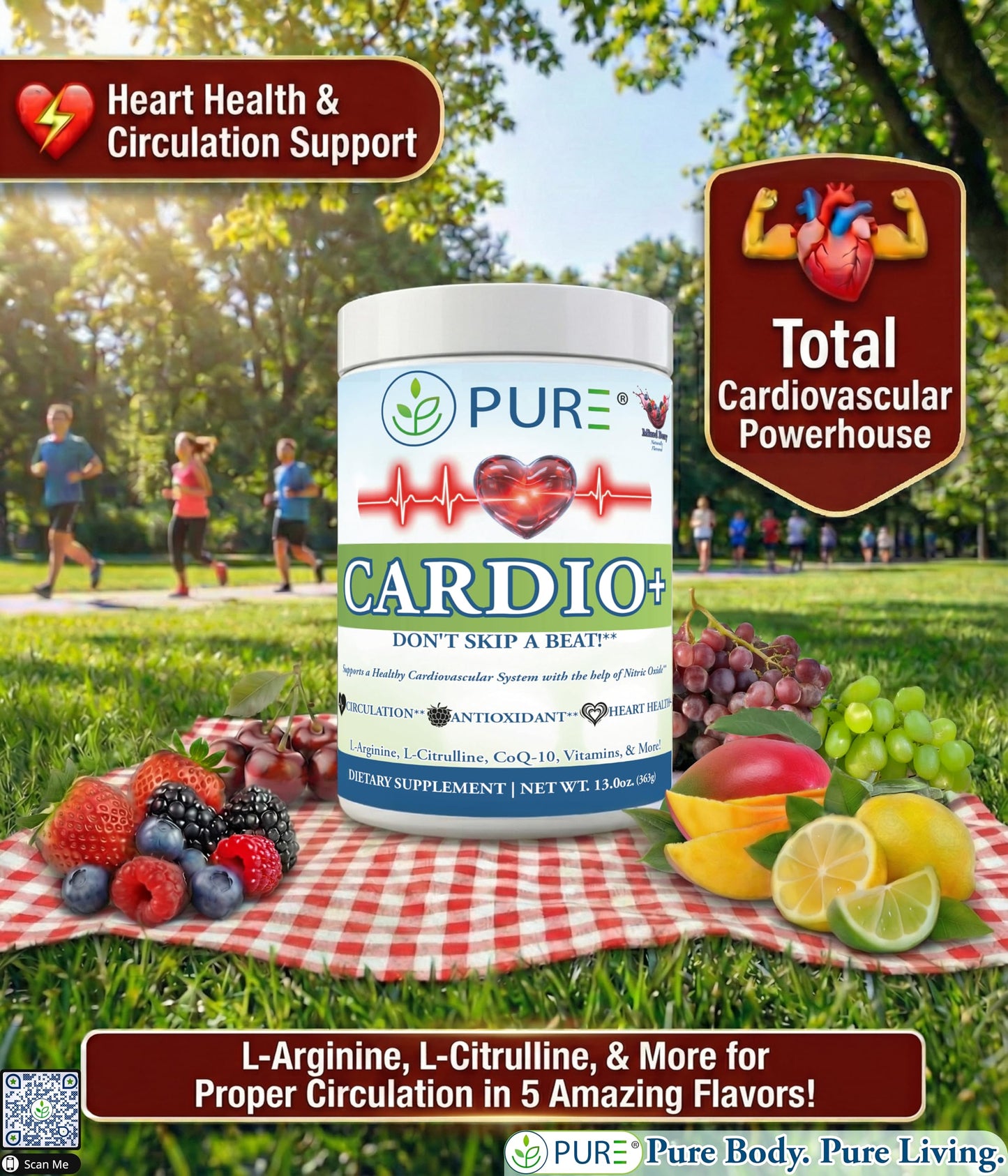 PURE® Cardio+ Nitric Oxide Heart & Circulation Support - 5000mg L-Arginine & 1000mg L-Citrulline - Lemon Lime, 30 Servings Powder, 375 Grams - CoQ10 Beet Root - High Potency Cardiovascular Formula PUREBuy Supplements Australia