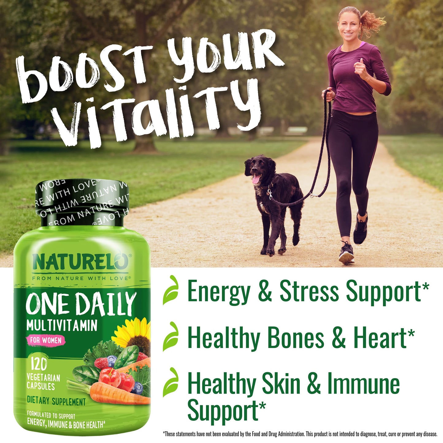 NATURELO One Daily Multivitamin for Women w/Vitamin B12, 120 Ct, Energy Support, Whole Food Daily Women Multivitamin Supplement, Nourish Hair/Skin/Nail, Non-GMO