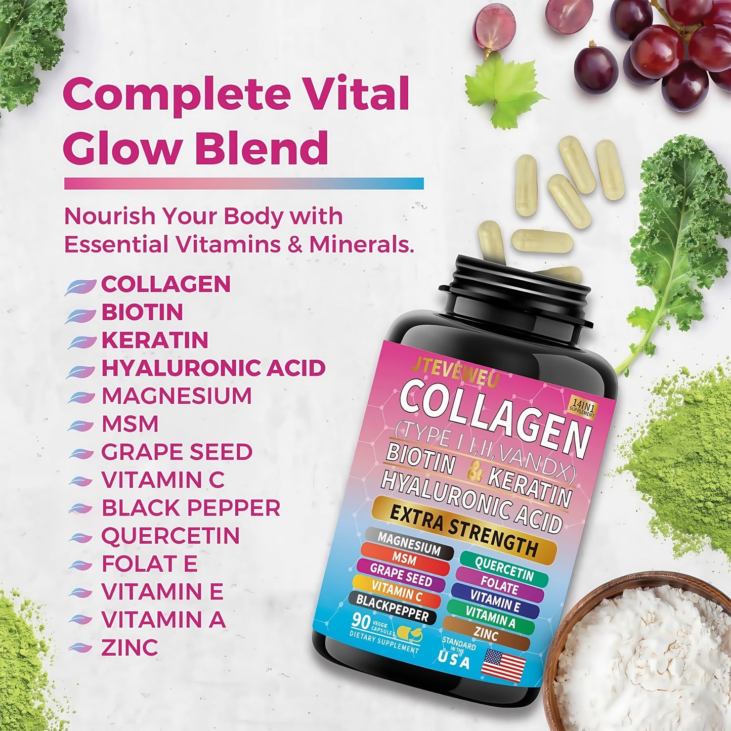 JTEVEweu Collagen Supplement - Type I, II, III, V and X - with Biotin, Keratin, Hyaluronic Acid & 13+ Extra Strength Ingredients - （90 Capsules） JTEVEweuBuy Supplements Australia
