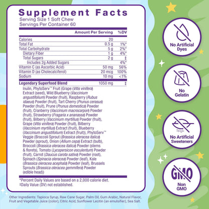 Force Factor Kids Superfood Super Chews, Kids Vitamins C & D, Immune Support Supplement with Antioxidant Support from Powdered Fruits & Veggies Force Factor