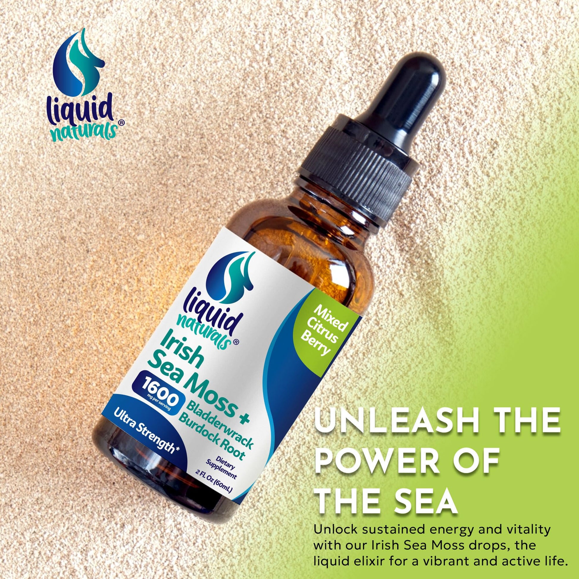 Liquid Naturals Irish Sea Moss Drops - Citrus Berry Flavor - 92+ Essential Minerals & Vitamins - Energy, Skin, Gut, Recovery - Bladderwrack and Burdock Root - 2 fl. oz Liquid NaturalsBuy Supplements Australia