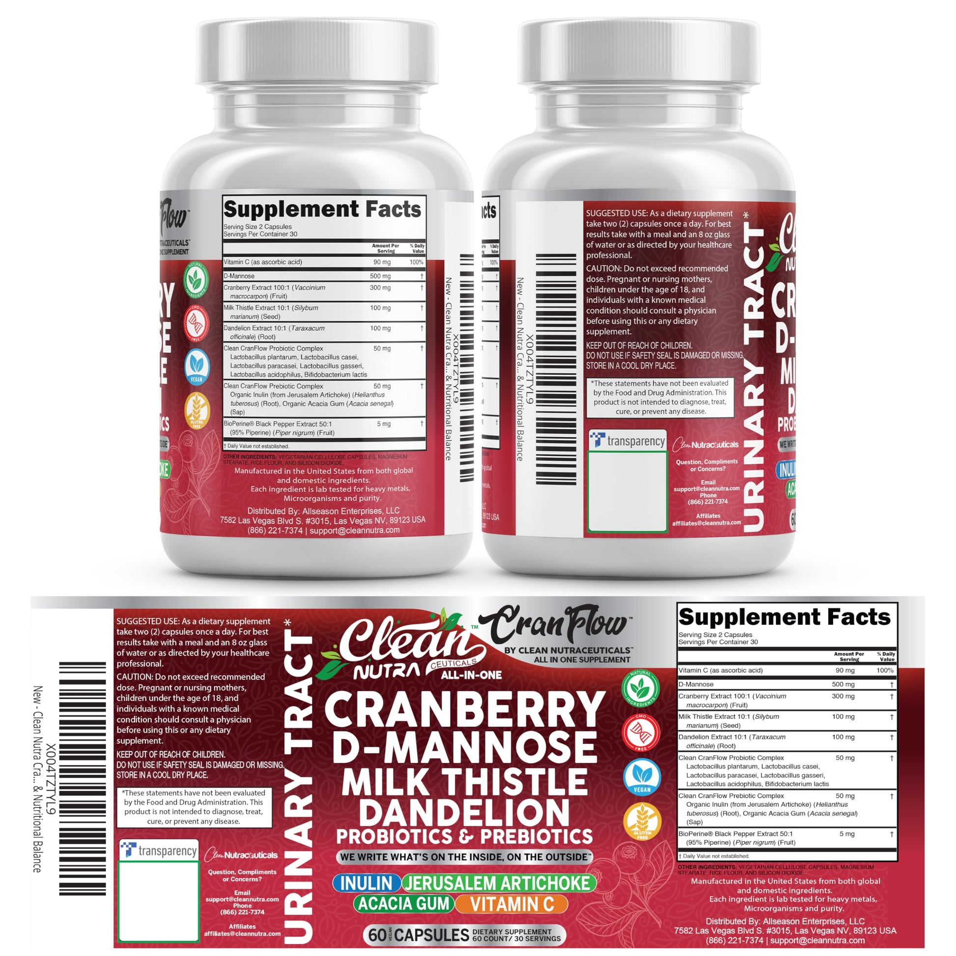 Cran Flow Cranberry Pills for Urinary Health D-Mannose Milk Thistle Dandelion Inulin Vitamin C Prebiotics and Probiotics Bladder Support By Clean Nutra Clean NutraceuticalsBuy Supplements Australia