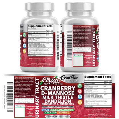 Cran Flow Cranberry Pills for Urinary Health D-Mannose Milk Thistle Dandelion Inulin Vitamin C Prebiotics and Probiotics Bladder Support By Clean Nutra Clean NutraceuticalsBuy Supplements Australia