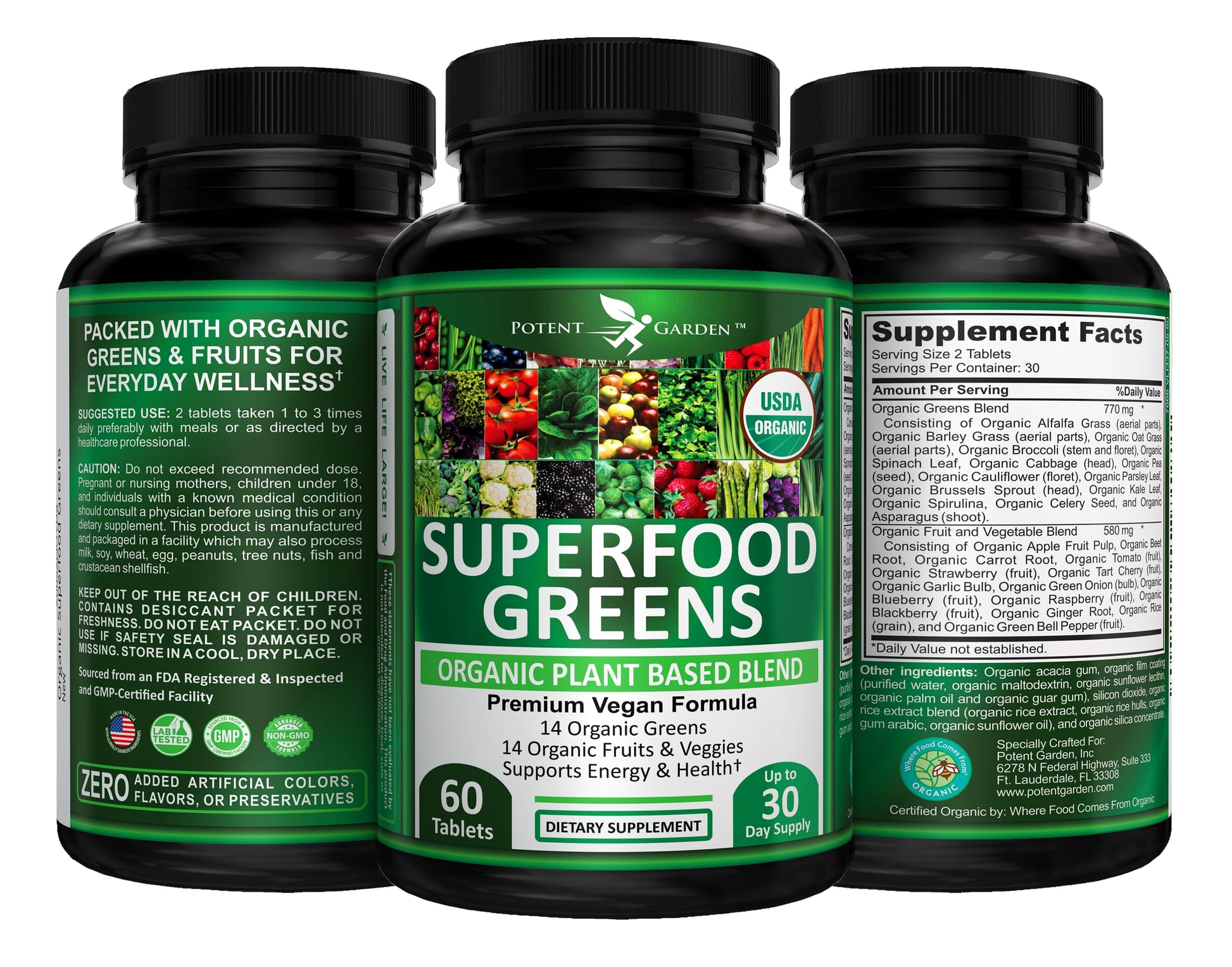 Potent Garden Organic Superfood Greens, Fruit and Veggies Supplement Rich in Vitamins & Antioxidants with Alfalfa, Beet Root & Tart Cherry to Boost Energy, Immunity & Gut Health, Greens Tablets 60 Ct Potent GardenBuy Supplements Australia
