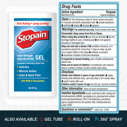 Stopain Pain Relief 3g Gel Packets, 100ct, 8% Menthol, Topical Pain Relief, Knee Pain Relief, Back Pain Relief, and Arthritis Pain Relief, Perfect for Workplace First Aid Cabinets, Made in USA StopainBuy Supplements Australia
