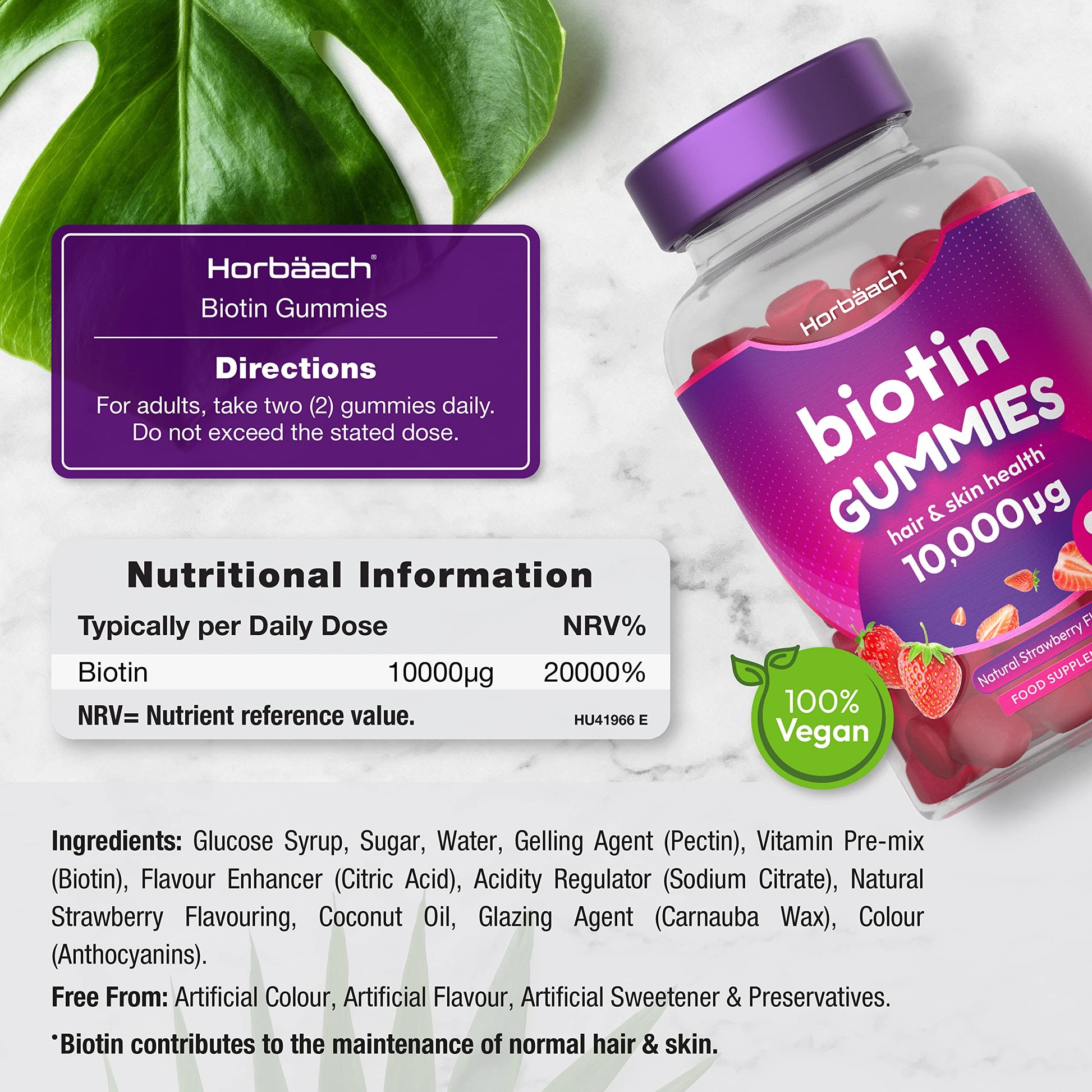Biotin Gummies 10,000mcg | 90 Vegan Vitamins | Natural Strawberry Flavour HorbäachBuy Supplements Australia