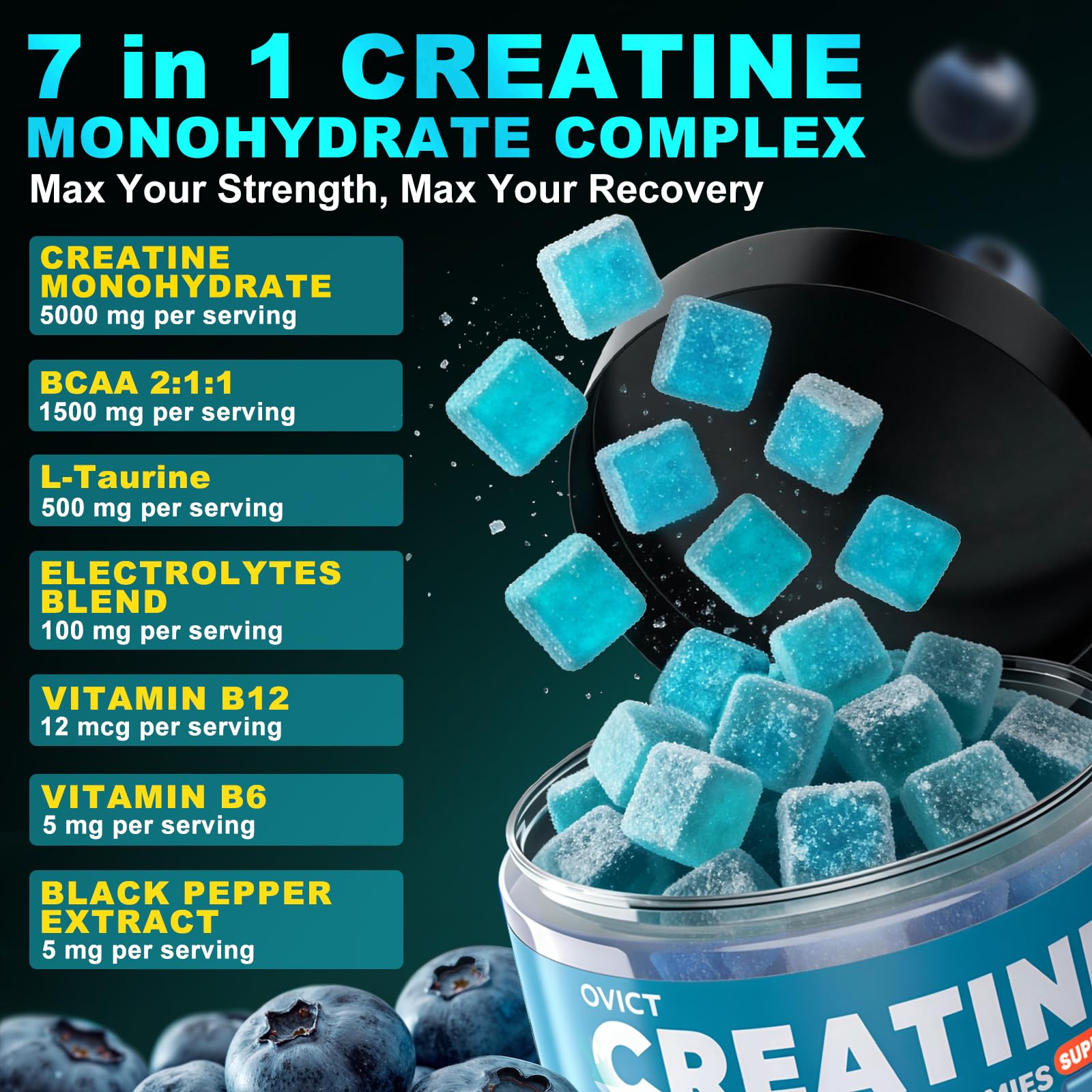 99.99% Creatine Monohydrate Gummies for Men Women 5g, 7-in-1 Pre-Workout Complex with BCAA, Taurine, B12/6 & Electrolytes, 6X Boost Energy, Muscle Strength & Recovery - Maple Wellness Supplements