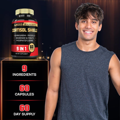 9in1 Cortisol Shield - Ashwagandha & Magnesium Glycinate, Rhodiola, Phosphatidylserine, L-Theanine, Licorice Root, St. John's Wort, Lions Mane - Mind & Mood, Restful Night Support - 60 Capsules - Maple Wellness Supplements