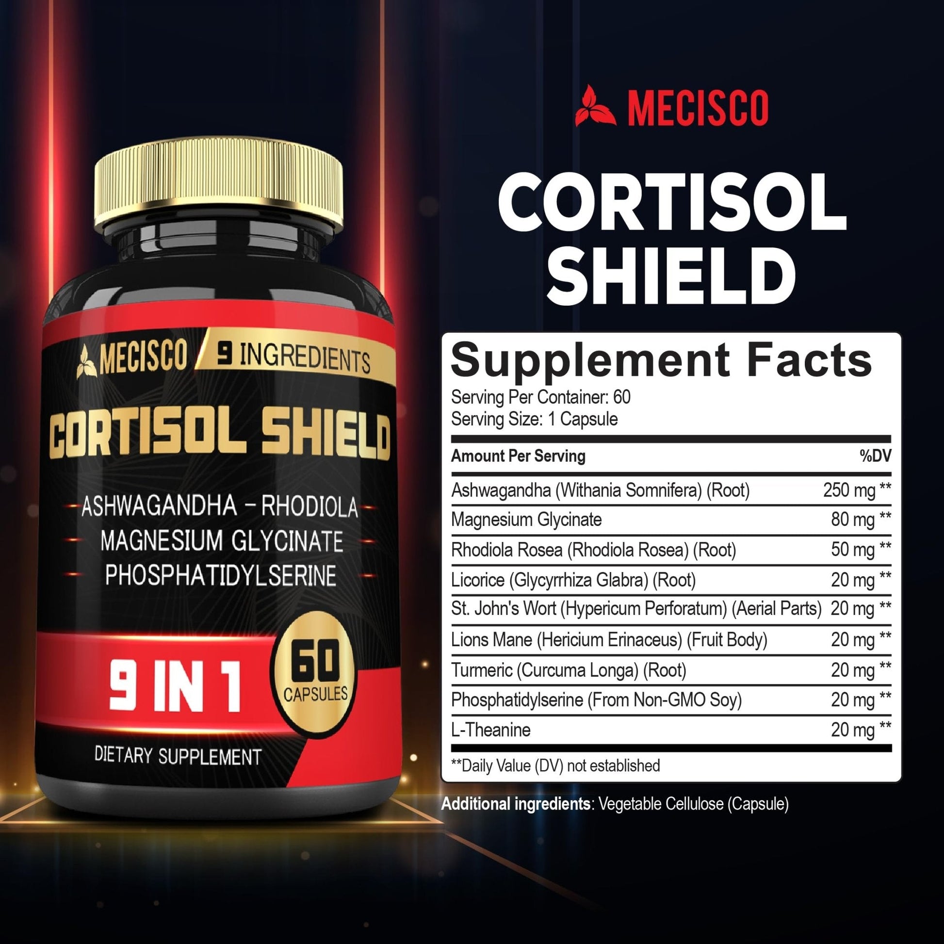 9in1 Cortisol Shield - Ashwagandha & Magnesium Glycinate, Rhodiola, Phosphatidylserine, L-Theanine, Licorice Root, St. John's Wort, Lions Mane - Mind & Mood, Restful Night Support - 60 Capsules - Maple Wellness Supplements
