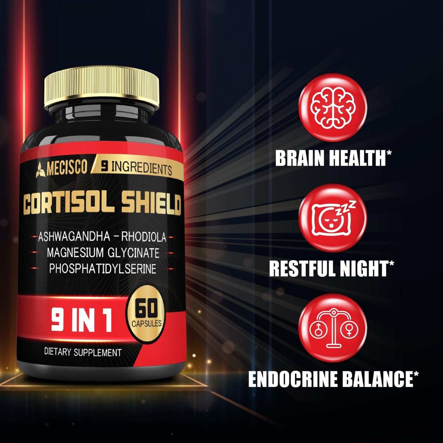 9in1 Cortisol Shield - Ashwagandha & Magnesium Glycinate, Rhodiola, Phosphatidylserine, L-Theanine, Licorice Root, St. John's Wort, Lions Mane - Mind & Mood, Restful Night Support - 60 Capsules - Maple Wellness Supplements