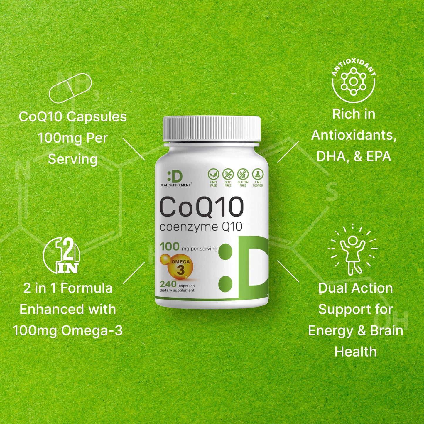CoQ10 100mg, 240 Capsules – with Omega 3 Fatty Acid 100mg – Bioavailable Coenzyme DEAL SUPPLEMENTBuy Supplements Australia