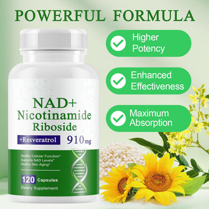 A r b c r n 120 Capsules NAD+ Supplement,NAD Nicotinamide Riboside Resveratrol 910mg for Men and Women, NR Supplement for Energy Anti-Aging Focus - Maple Wellness Supplements