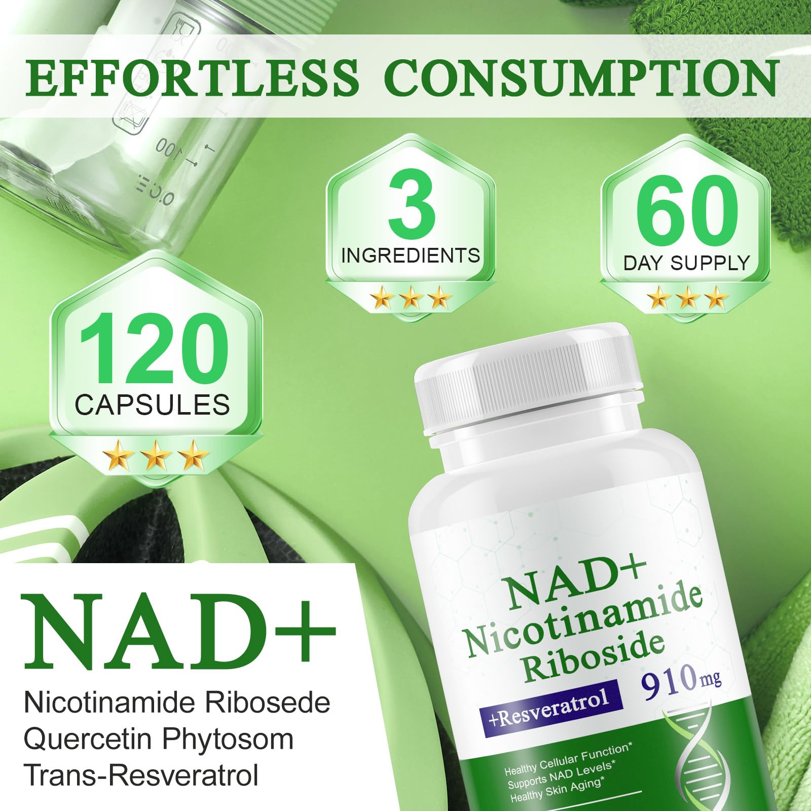 A r b c r n 120 Capsules NAD+ Supplement,NAD Nicotinamide Riboside Resveratrol 910mg for Men and Women, NR Supplement for Energy Anti-Aging Focus - Maple Wellness Supplements