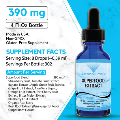 Absonutrix Superfood Extract 390 mg, 4 Oz Liquid, 302 Servings, Made in USA, Quick Absorption, Quality Potent Ingredients, Non-GMO, GMP Certified, Cruelty-Free Products - Maple Wellness Supplements