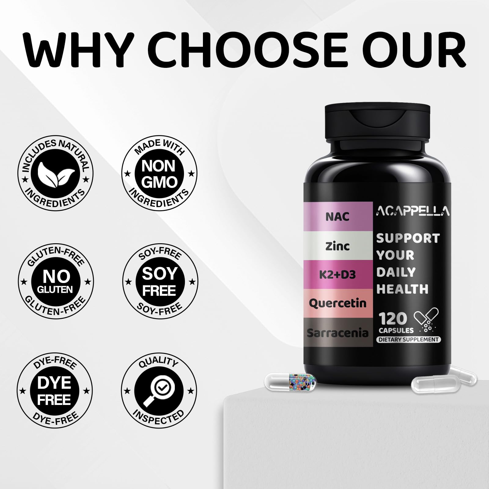 ACAPPELLA N-Acetyl Cysteine Vitamin D3 K2 Zinc Quercetin Sarracenia Purpurea NAC Supplement with Elderberry Holy Basil Bee Propolis Bromelain L-Lysin for Men & Women (1) - Maple Wellness Supplements