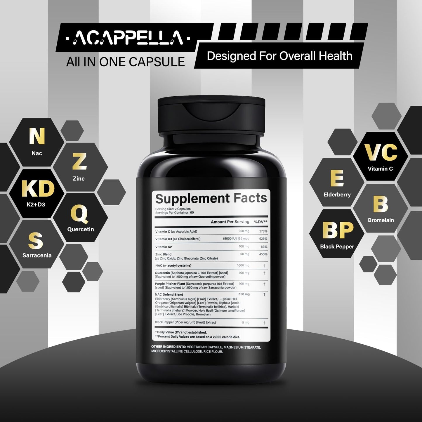 ACAPPELLA N-Acetyl Cysteine Vitamin D3 K2 Zinc Quercetin Sarracenia Purpurea NAC Supplement with Elderberry Holy Basil Bee Propolis Bromelain L-Lysin for Men & Women (1) - Maple Wellness Supplements