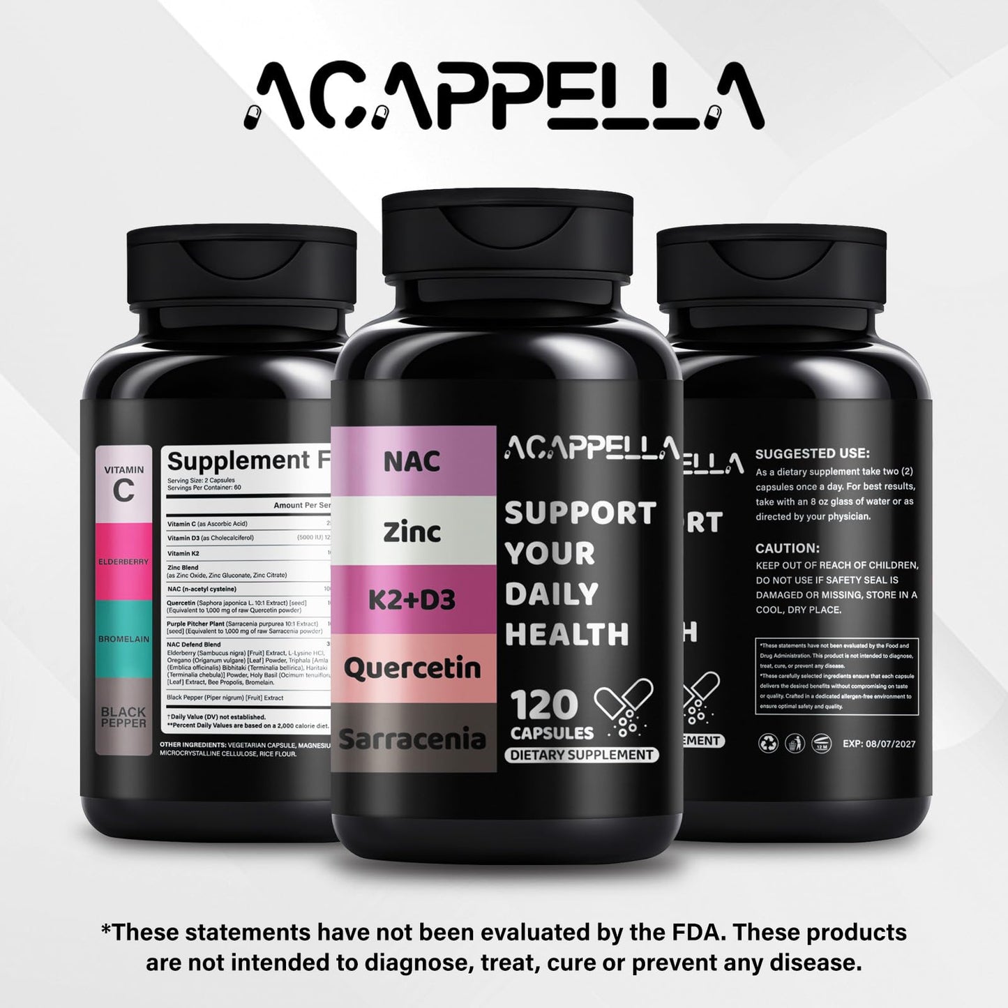 ACAPPELLA N-Acetyl Cysteine Vitamin D3 K2 Zinc Quercetin Sarracenia Purpurea NAC Supplement with Elderberry Holy Basil Bee Propolis Bromelain L-Lysin for Men & Women (1) - Maple Wellness Supplements