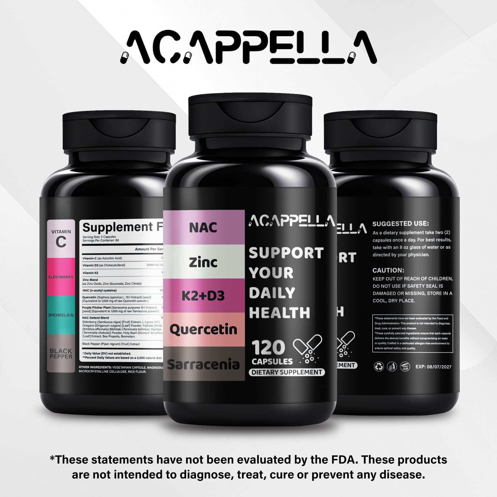 ACAPPELLA N-Acetyl Cysteine Vitamin D3 K2 Zinc Quercetin Sarracenia Purpurea NAC Supplement with Elderberry Holy Basil Bee Propolis Bromelain L-Lysin for Men & Women (1) - Maple Wellness Supplements