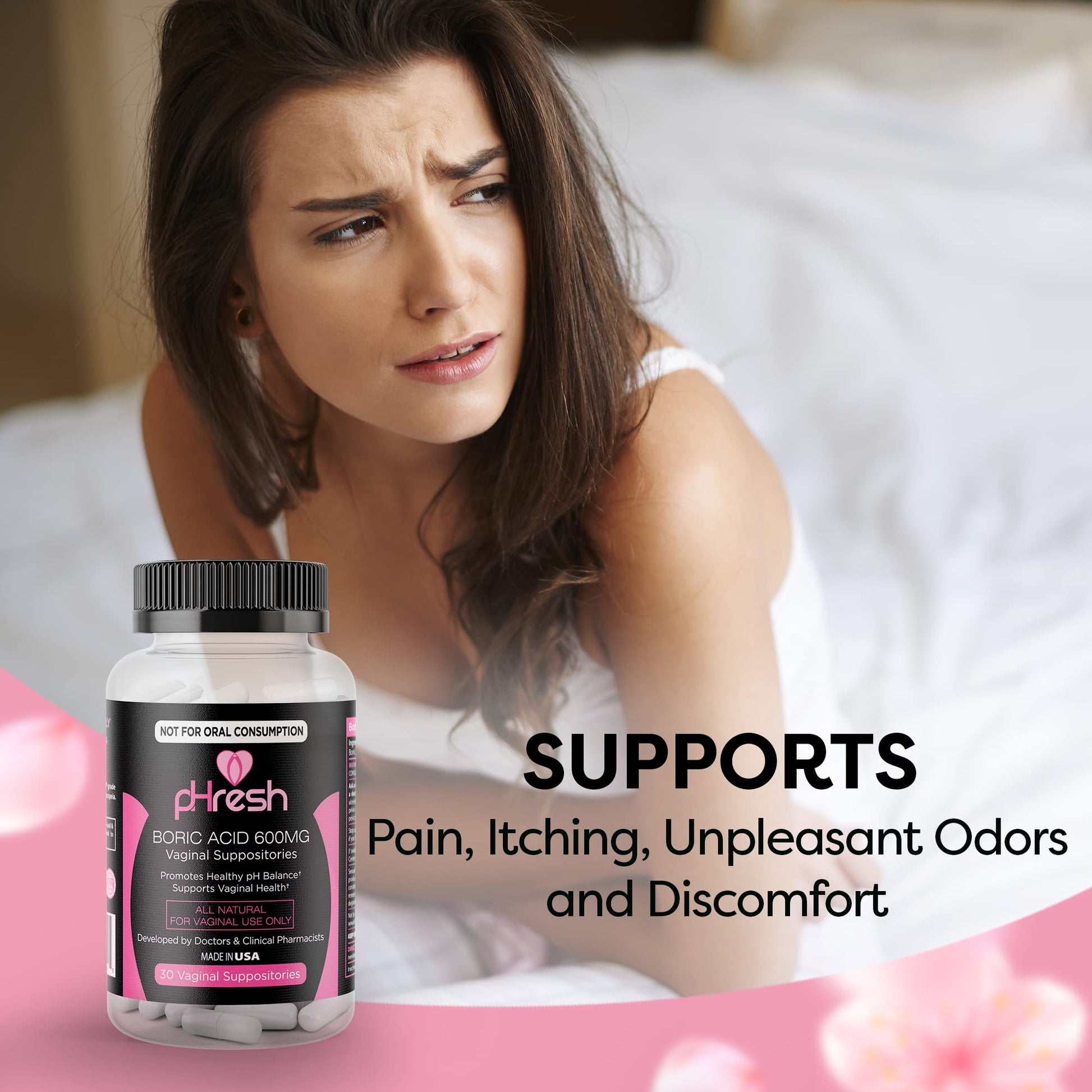 ACE NUTRITION pHresh Boric Acid Suppositories for Women, Suppositories for Odor Use, Natural Feminine Care Supports Vaginal Health & Promotes Healthy pH Balance - Made in USA - Maple Wellness Supplements