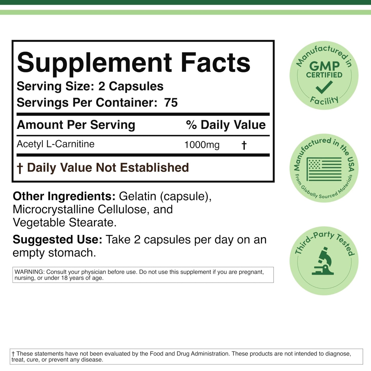 Acetyl L-Carnitine 1,000mg Per Serving, 150 Capsules (ALCAR for Brain Function Support, Memory, Attention, and Stamina) Acetyl L Carnitine That is Third Party Tested by Double Wood - Maple Wellness Supplements