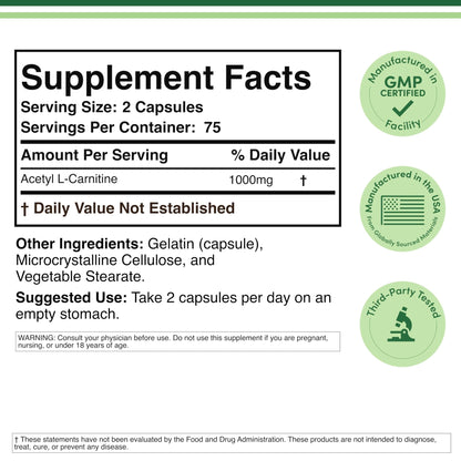 Acetyl L-Carnitine 1,000mg Per Serving, 150 Capsules (ALCAR for Brain Function Support, Memory, Attention, and Stamina) Acetyl L Carnitine That is Third Party Tested by Double Wood - Maple Wellness Supplements