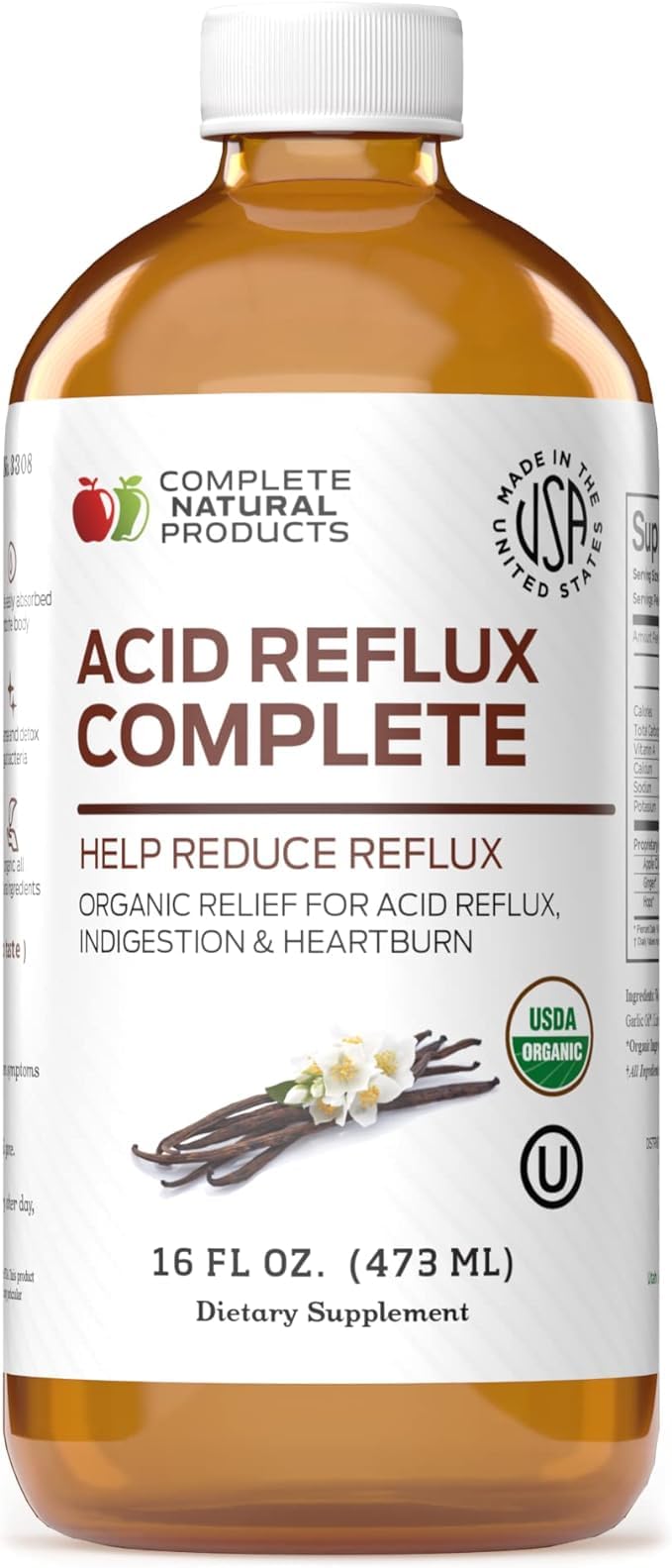 Acid Reflux Relief Liquid 16oz - Organic Heartburn Support Formula, Natural GERD Aid with Aloe Ginger Garlic Vanilla, Fast Absorbing Amish Remedy, Certified Organic Kosher Made in USA Supplement - Maple Wellness Supplements