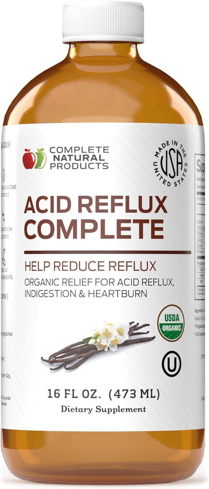 Acid Reflux Relief Liquid 16oz - Organic Heartburn Support Formula, Natural GERD Aid with Aloe Ginger Garlic Vanilla, Fast Absorbing Amish Remedy, Certified Organic Kosher Made in USA Supplement - Maple Wellness Supplements