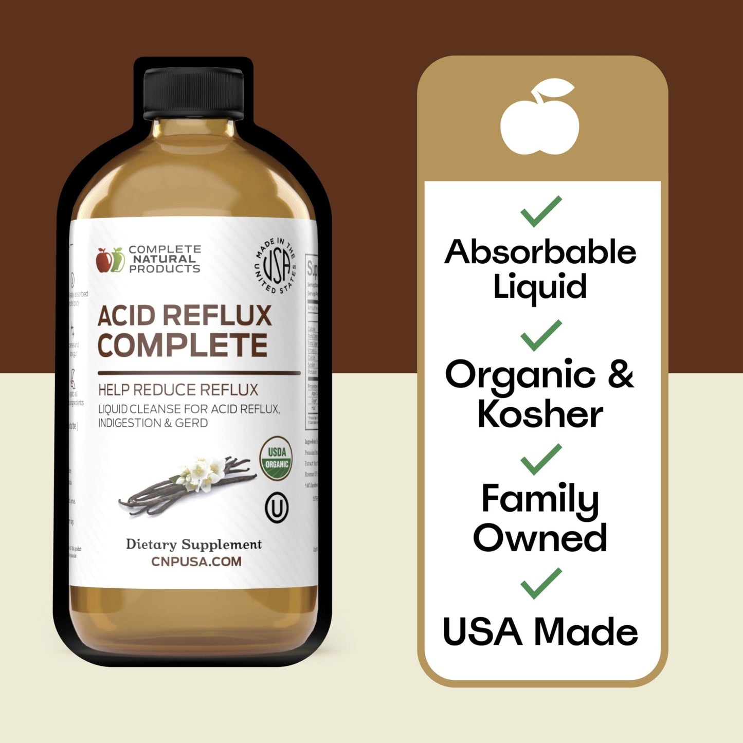 Acid Reflux Relief Liquid 16oz - Organic Heartburn Support Formula, Natural GERD Aid with Aloe Ginger Garlic Vanilla, Fast Absorbing Amish Remedy, Certified Organic Kosher Made in USA Supplement - Maple Wellness Supplements