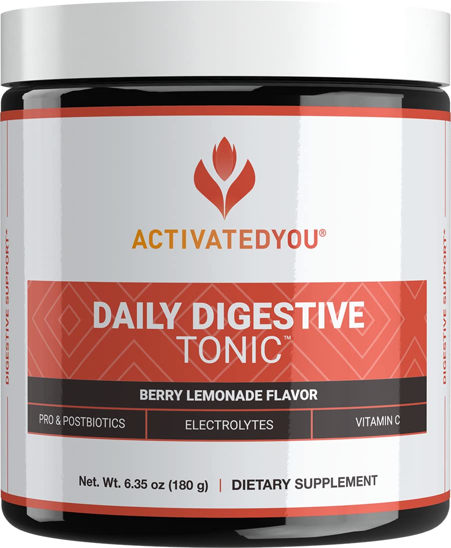 ACTIVATEDYOU Daily Digestive Tonic Kombucha - Support Healthy Digestion & Youthful, Long-Lasting Energy- Prebiotic Fiber, Probiotics, Postbiotics, Vitamin C, Berry Lemonade Flavor (30 Servings) - Maple Wellness Supplements