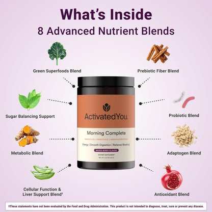 ActivatedYou Morning Complete Super Greens Powder Drink Mix - Gut Health Boost with Prebiotics, Probiotics, & Antioxidants - 10 Billion CFUs, Mixed Berry Flavor - Maple Wellness Supplements