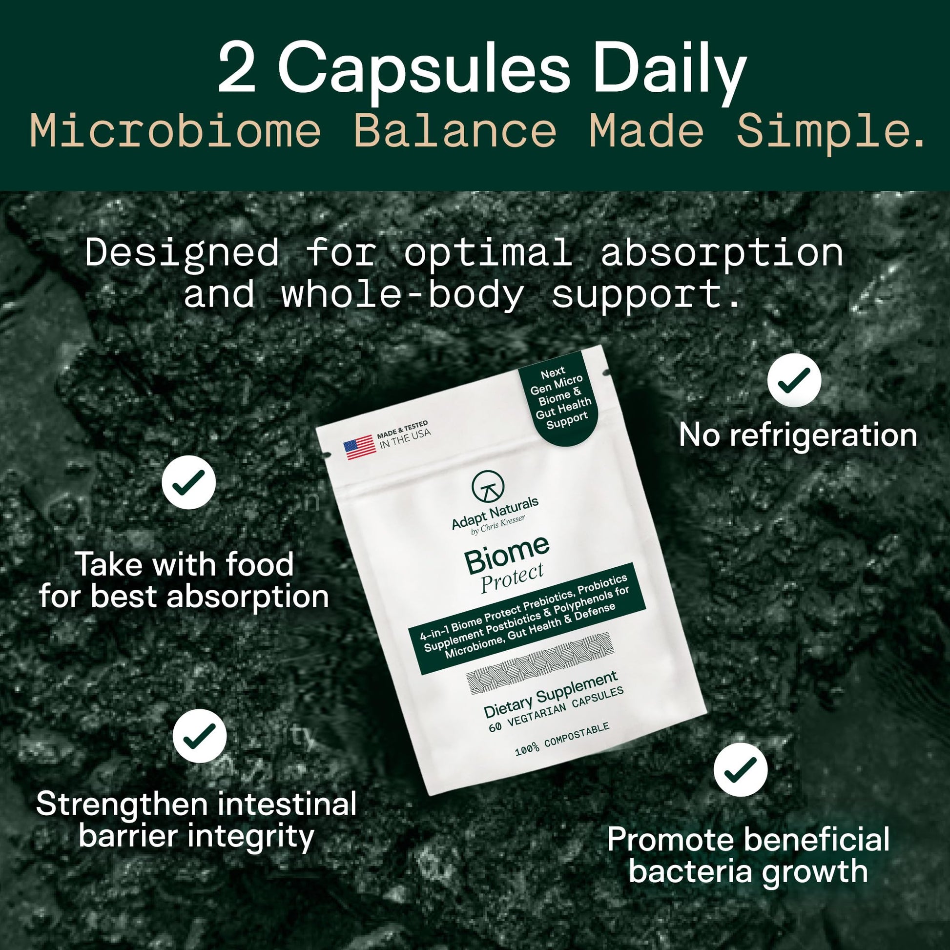 Adapt Naturals 4-in-1 Biome Protect Prebiotics, Probiotics Supplement Postbiotics & Polyphenols for Microbiome, Gut Health & Defense for Women & Men, 30 Day Supply - Maple Wellness Supplements