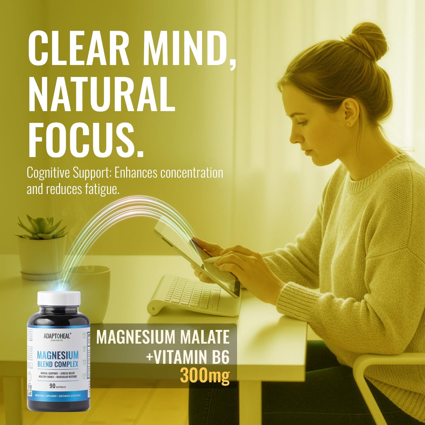 ADAPTOHEAL Magnesium Complex – Glycinate, Malate & Citrate with Vitamin B6, Sleep Support, Stress Relief, Muscle Relaxation, Nervous System Support – 90 Capsules - Maple Wellness Supplements