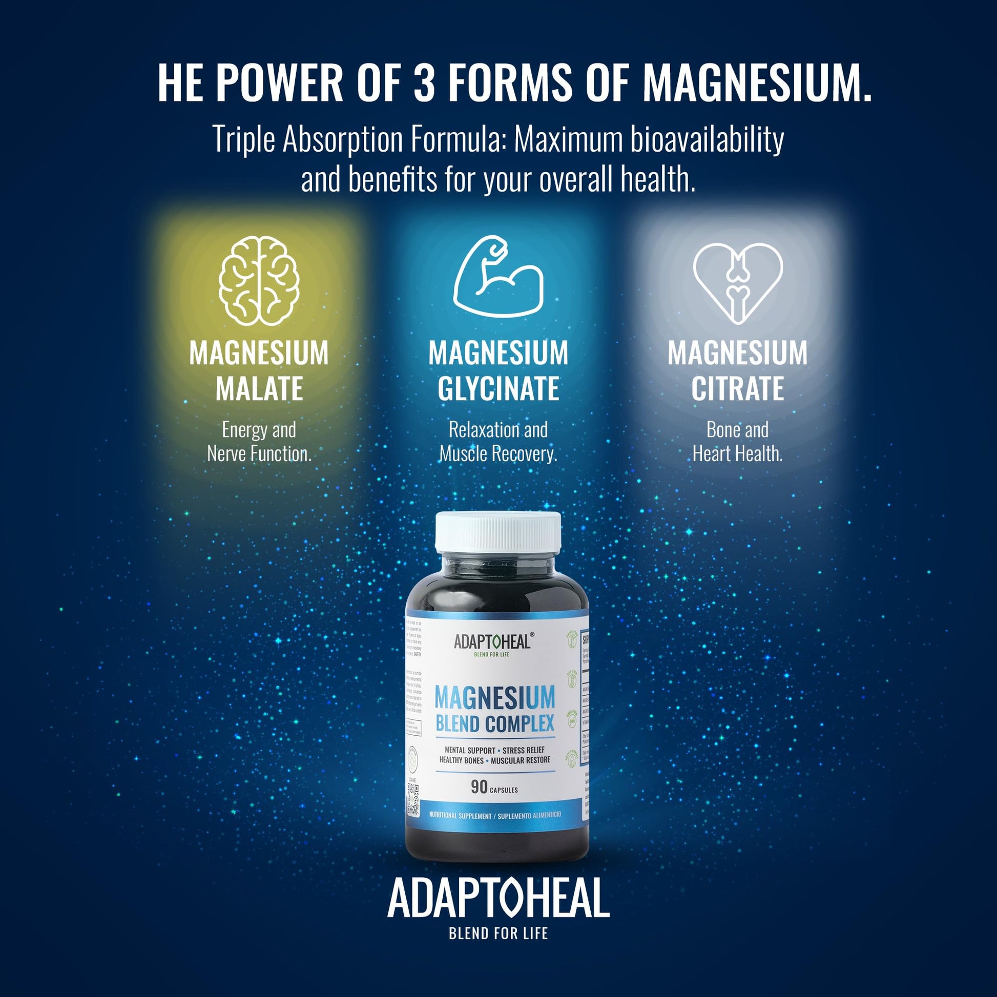 ADAPTOHEAL Magnesium Complex – Glycinate, Malate & Citrate with Vitamin B6, Sleep Support, Stress Relief, Muscle Relaxation, Nervous System Support – 90 Capsules - Maple Wellness Supplements