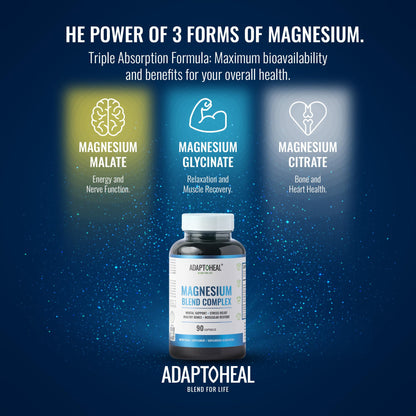 ADAPTOHEAL Magnesium Complex – Glycinate, Malate & Citrate with Vitamin B6, Sleep Support, Stress Relief, Muscle Relaxation, Nervous System Support – 90 Capsules - Maple Wellness Supplements