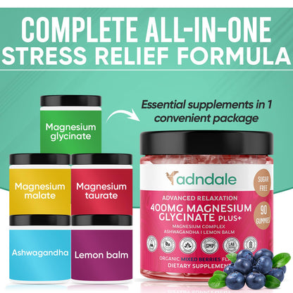 Adndale 180 CT Magnesium Glycinate Gummies 400 mg/Serv with Ashwagandha, Magnesium Malate & Taurate - Maple Wellness Supplements