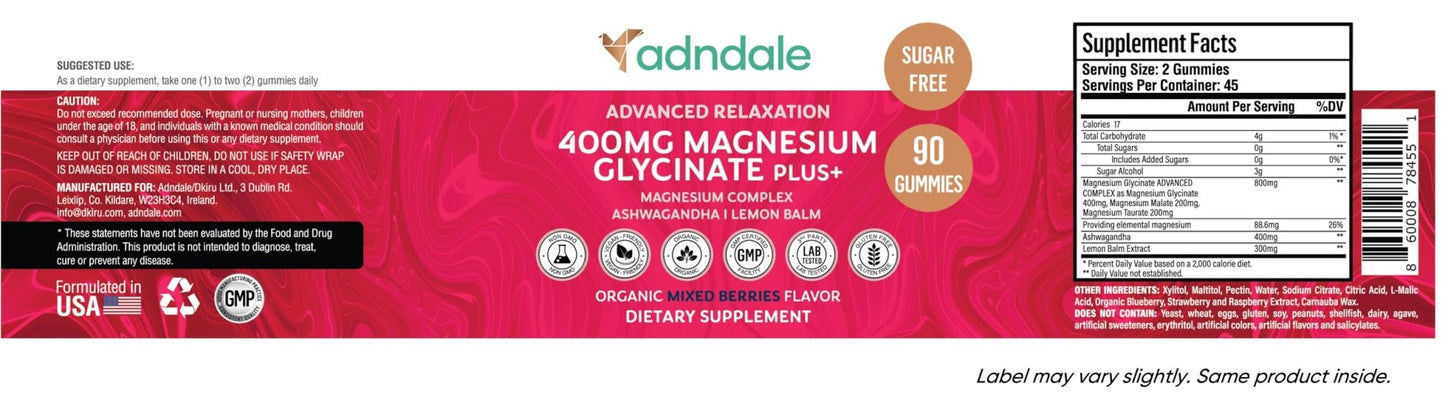 Adndale 180 CT Magnesium Glycinate Gummies 400 mg/Serv with Ashwagandha, Magnesium Malate & Taurate - Maple Wellness Supplements